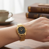 Atraer Octagonal Gold-Tone Watch with Black Dial, Crystal Markers & Expandable Band