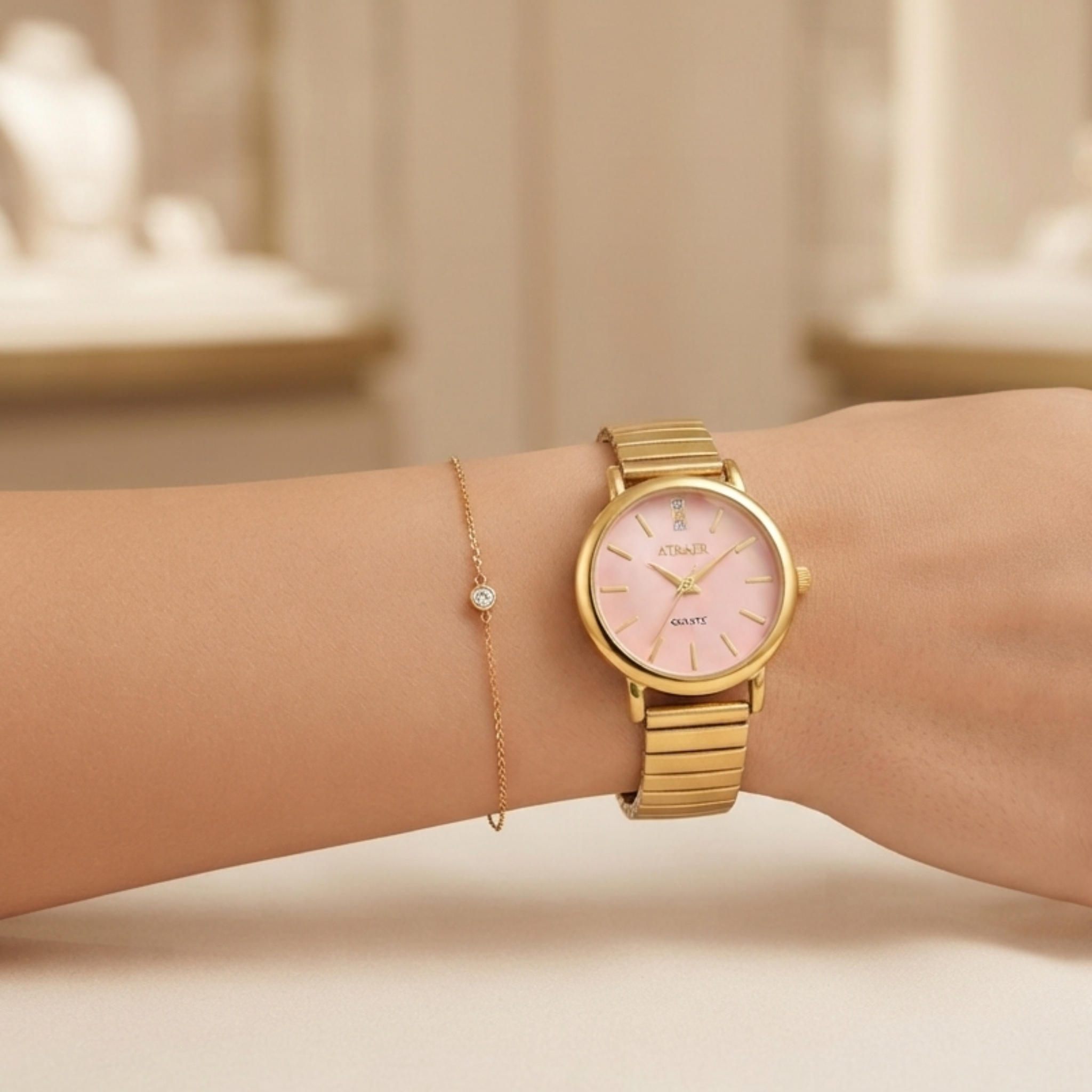 ATRAER Elegant Gold-Tone Quartz Women's Watch with Baby Pink Dial and Expansion Strap