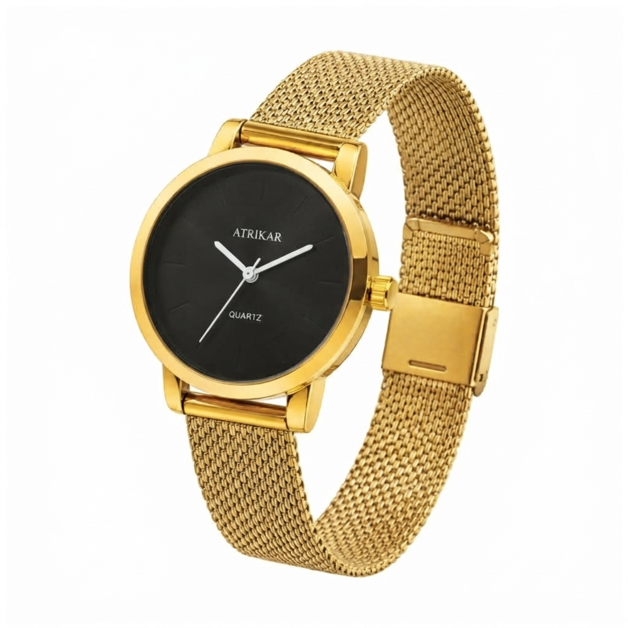 Atrikar Elegant Gold Mesh Watch with Minimalist Black Dial & White Hands